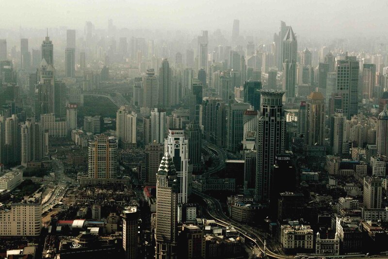 hazy city skyline view