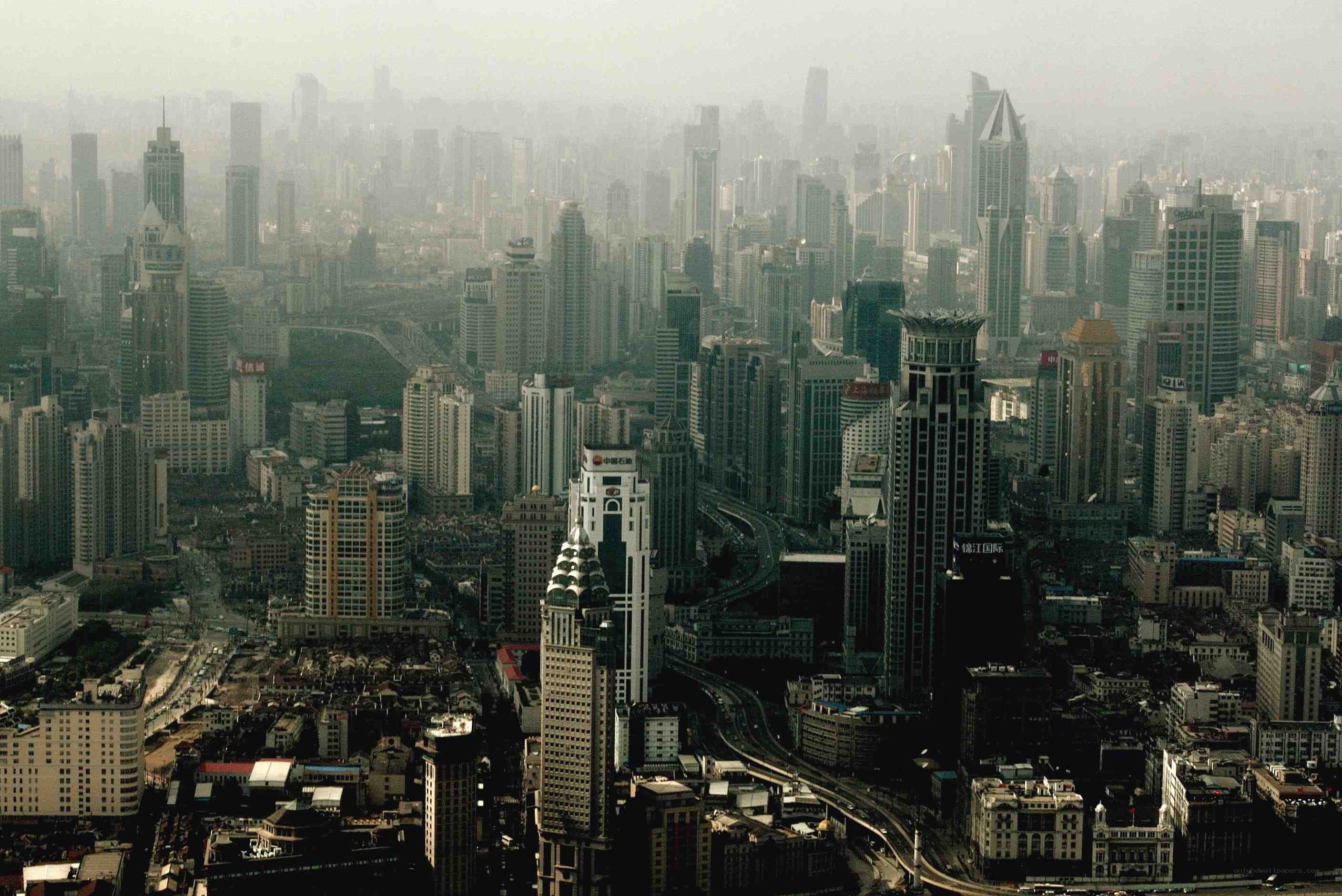 hazy city skyline view