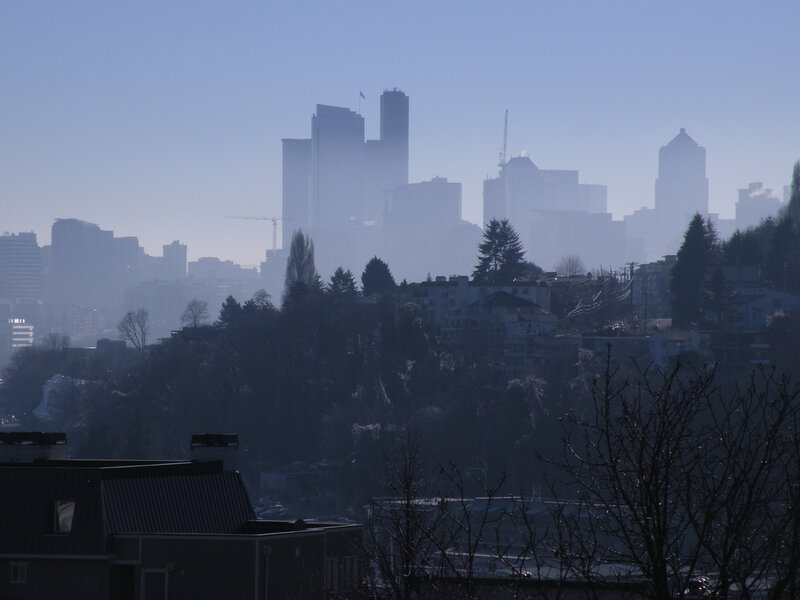 hazy city skyline view