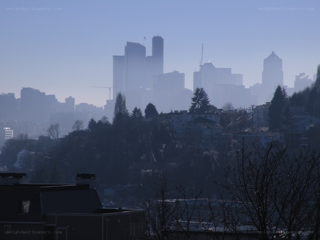 hazy city skyline view
