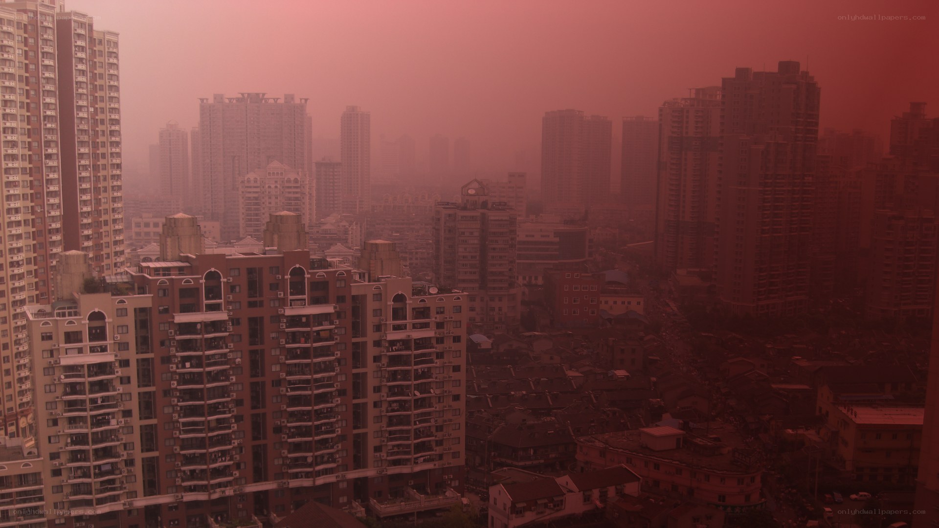 hazy cityscape at dusk