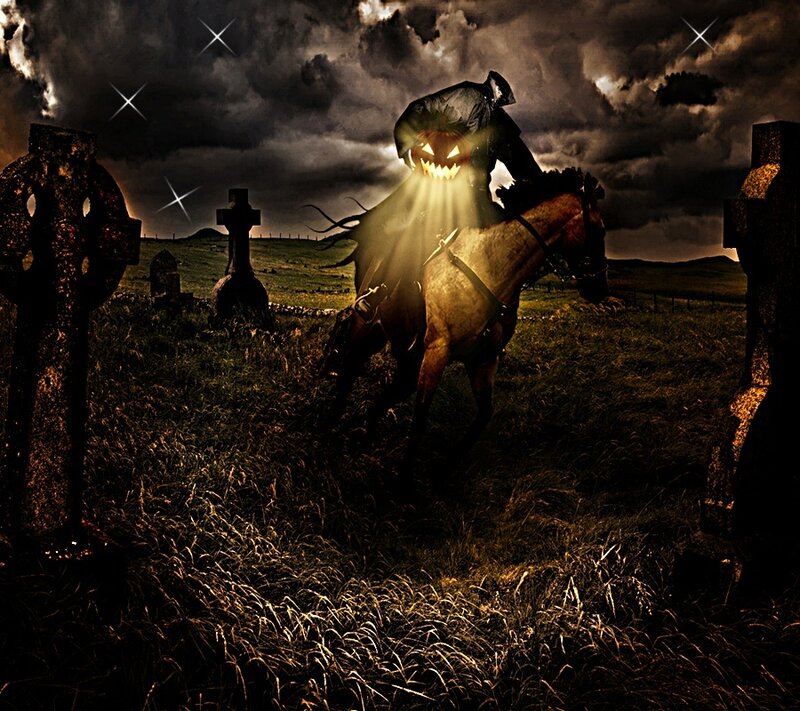 Headless horseman in a graveyard