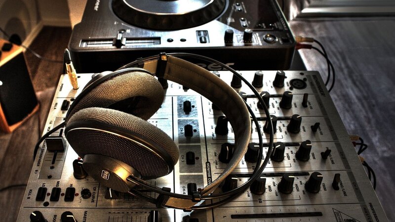 Headphones on Mixer — Gray, Dramatic, Photograph