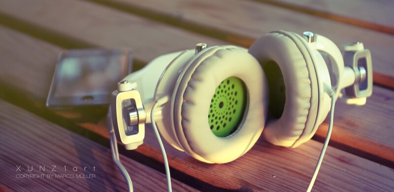 headphones on wooden surface