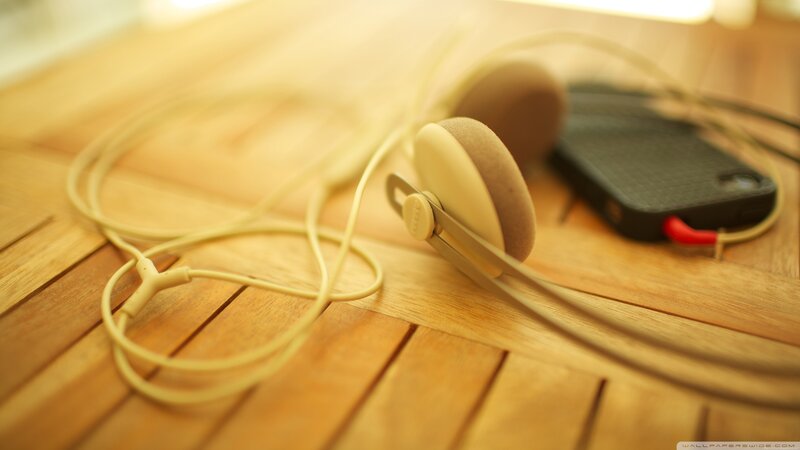 Headphones on wooden table