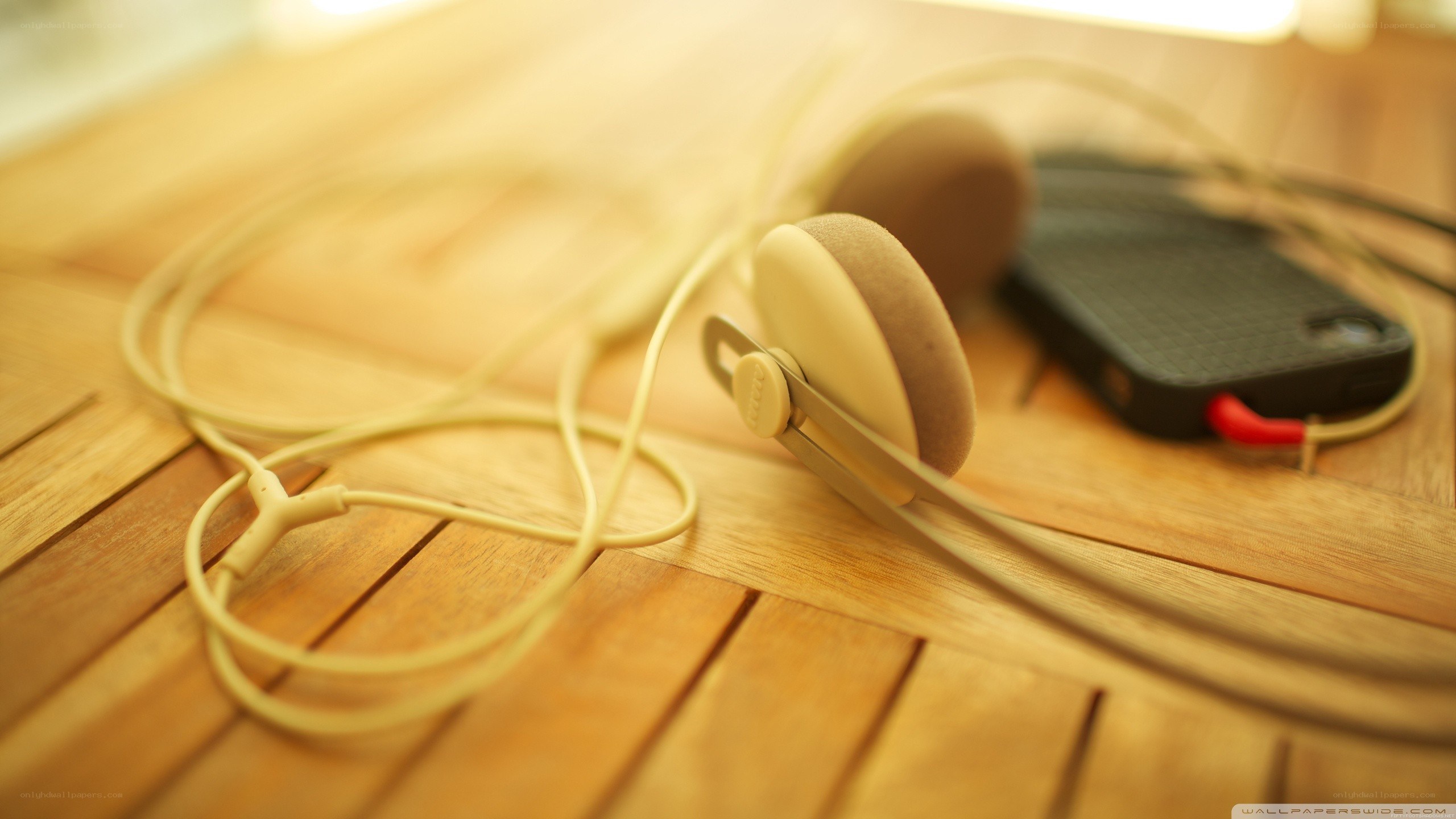Headphones on wooden table