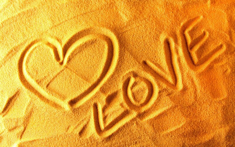 Heart and Love Carved in Sand — Yellow, Serene, Sunset