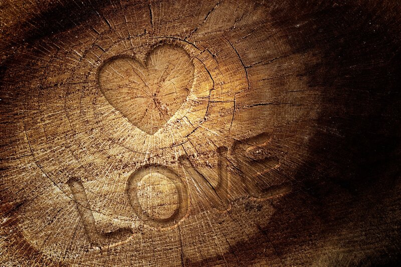 heart and love carved in wood