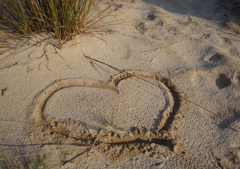 Heart Drawn in Sand — Beige, Serene, Sunset