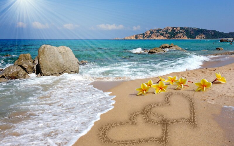 Heart Drawn in Sand — Blue, Serene, Afternoon, Photograph, Flowers