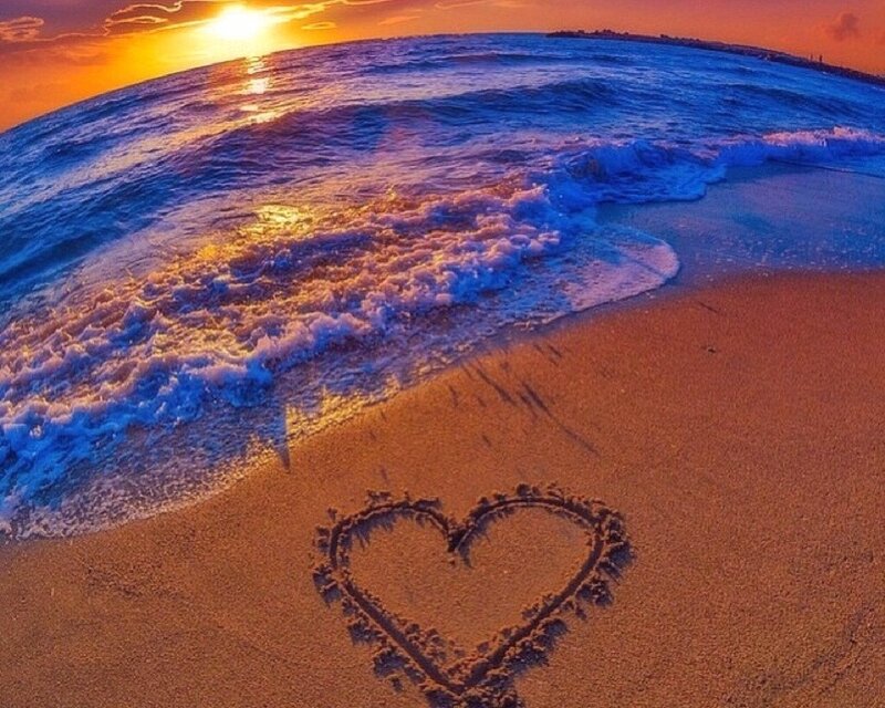 Heart Drawn in Sand — Orange, Serene, Sunset