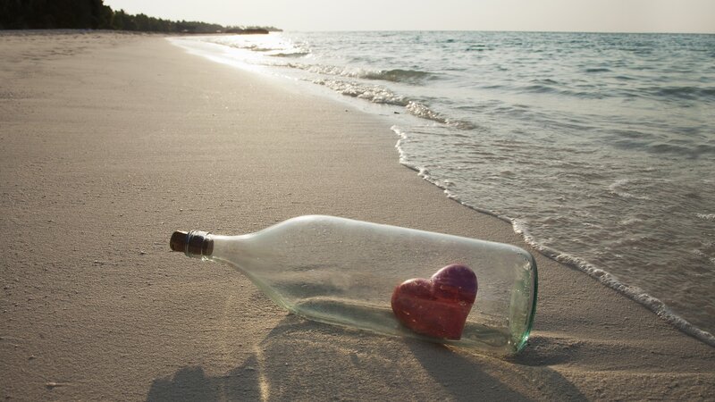 Heart in Bottle on Beach — Brown