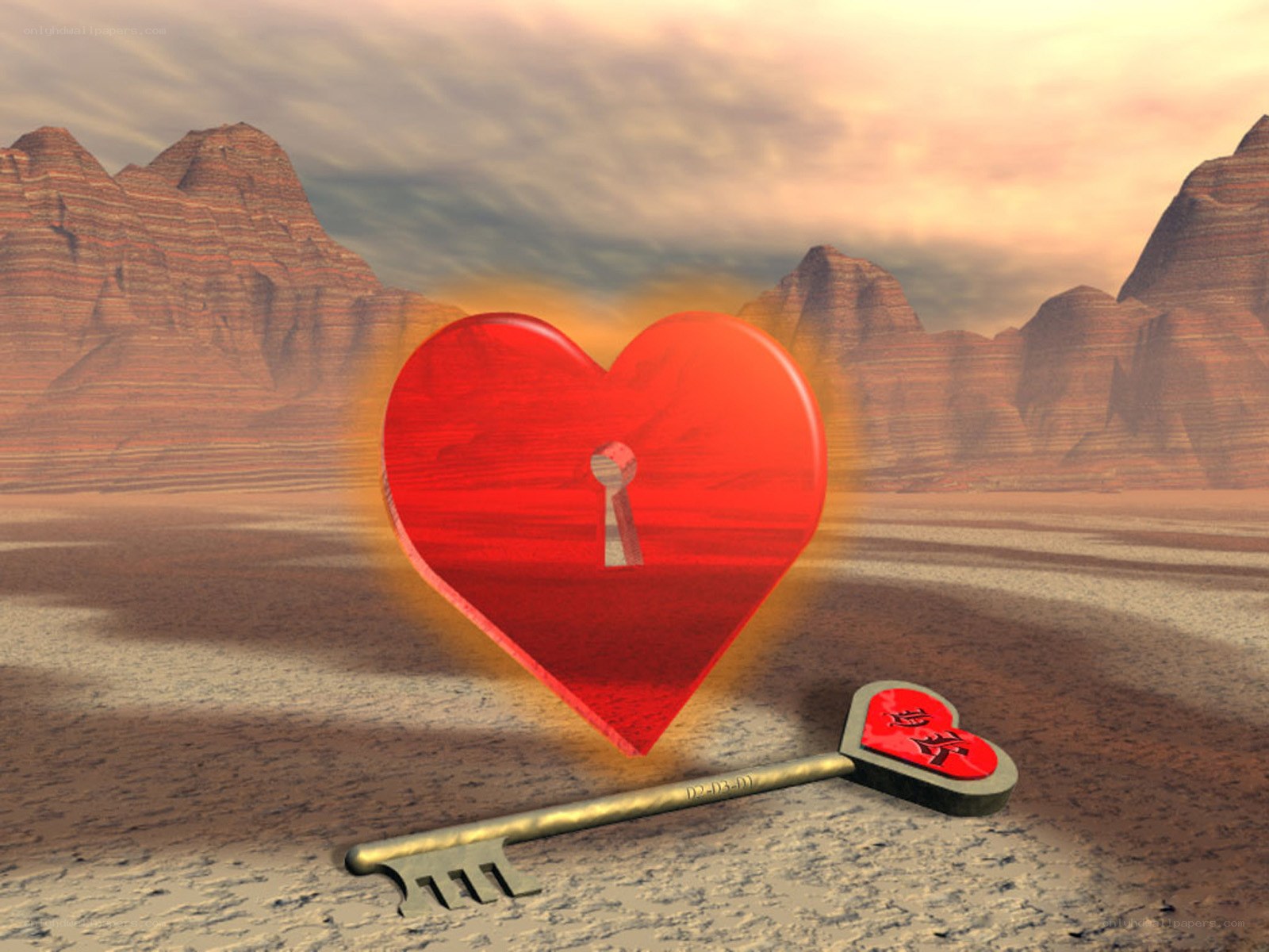 heart key in desert landscape