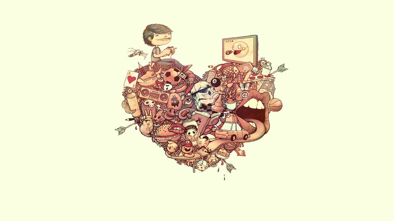 heart made of pop culture items