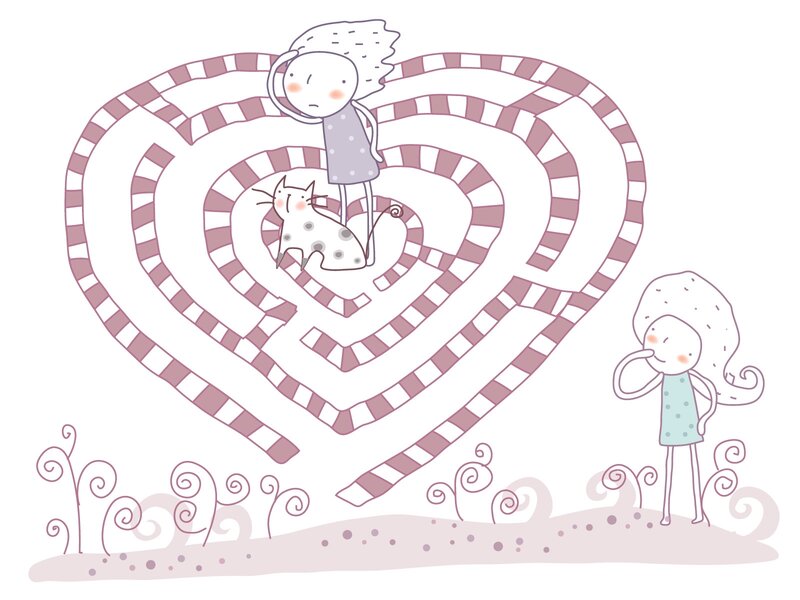 Heart maze with girl and cat