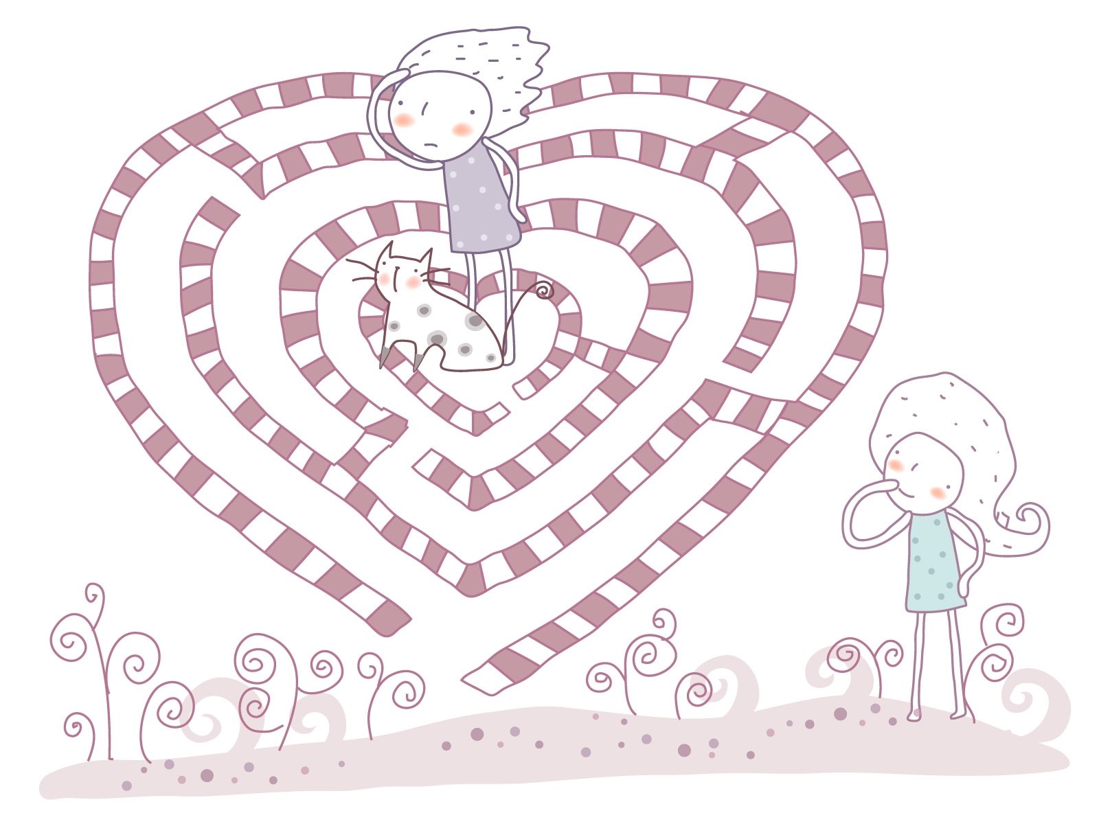 Heart maze with girl and cat