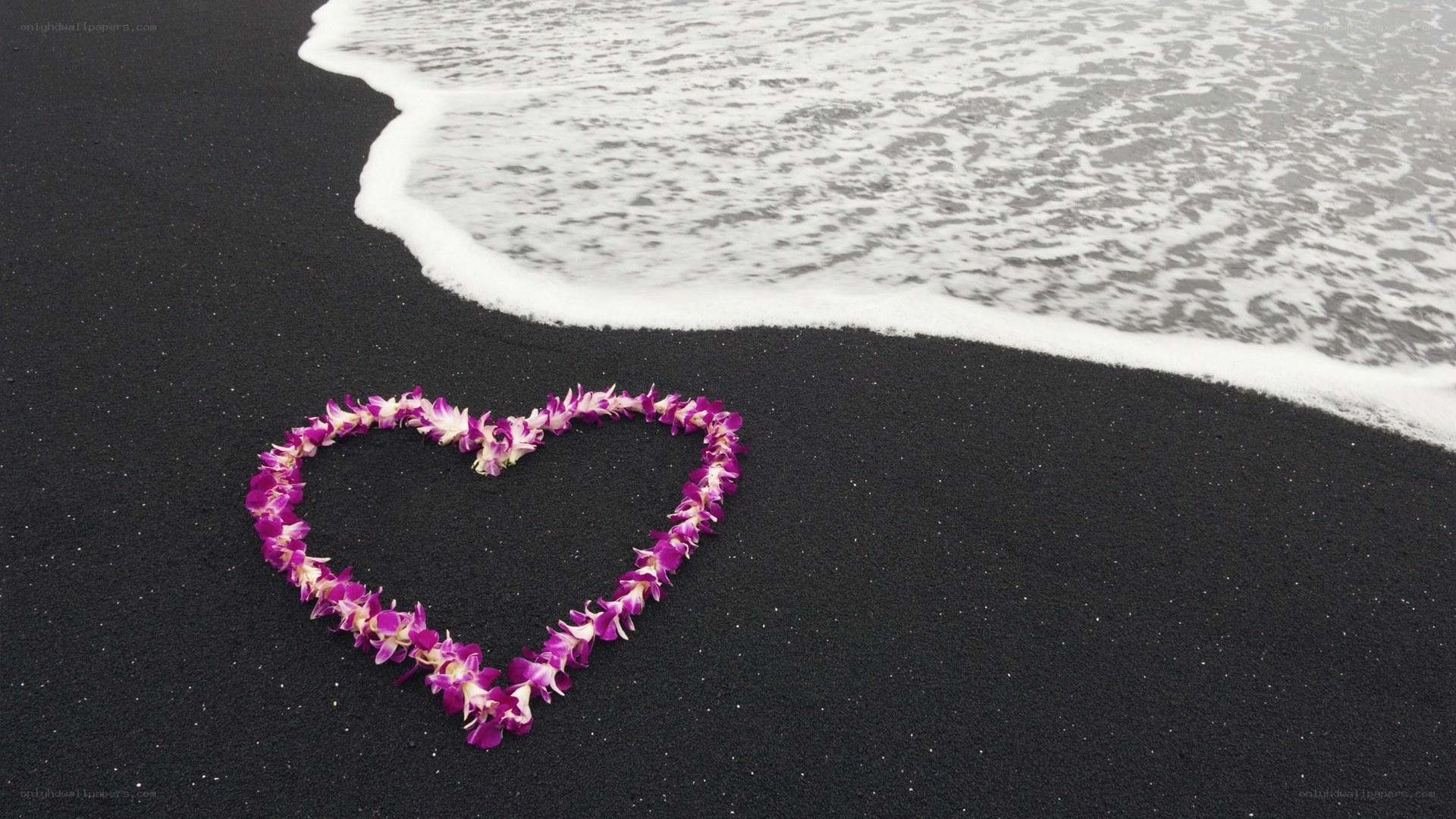 heart of flowers on black sand