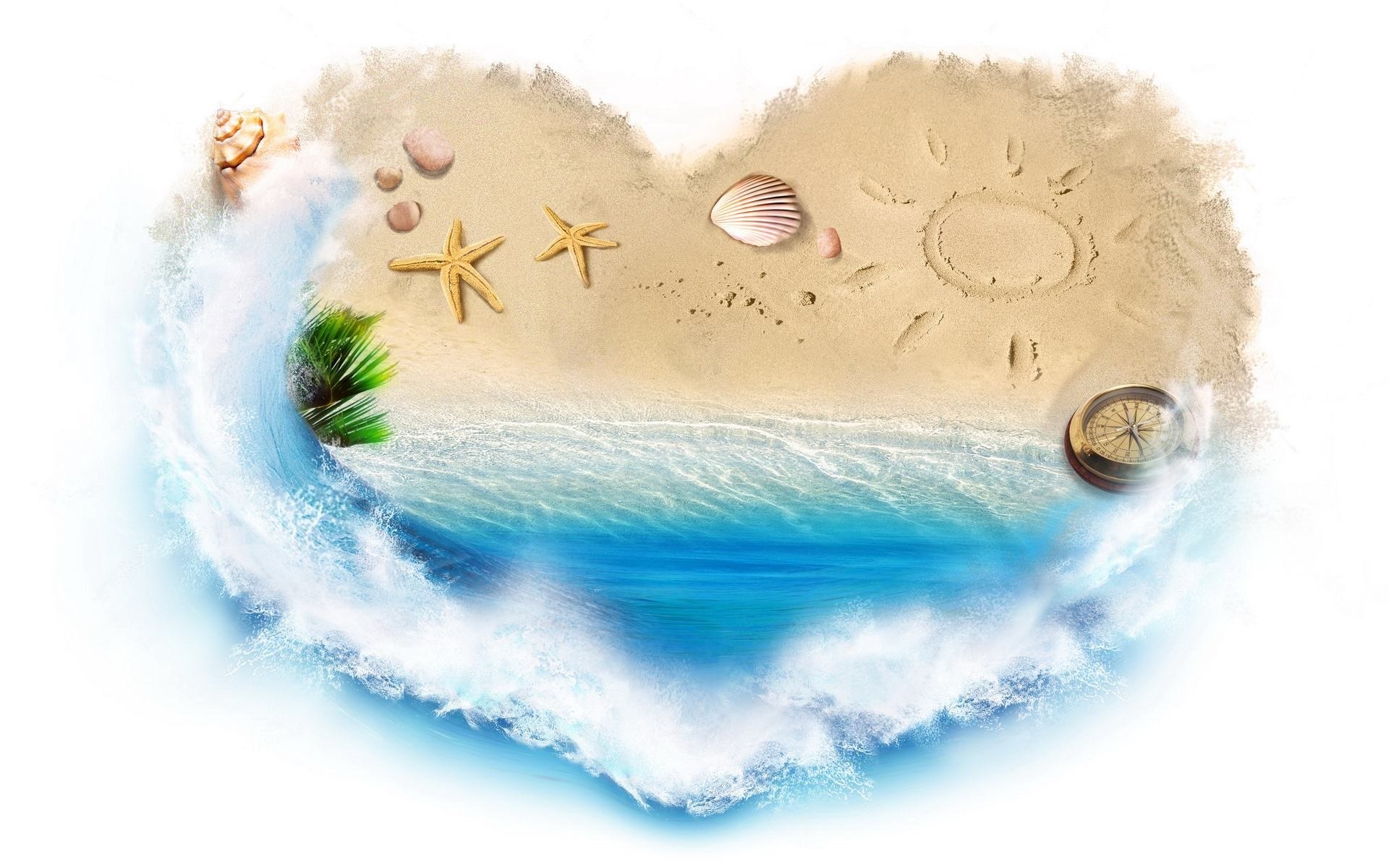 heart-shaped beach scene