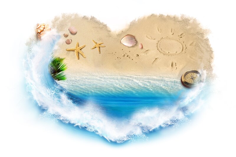heart-shaped beach scene