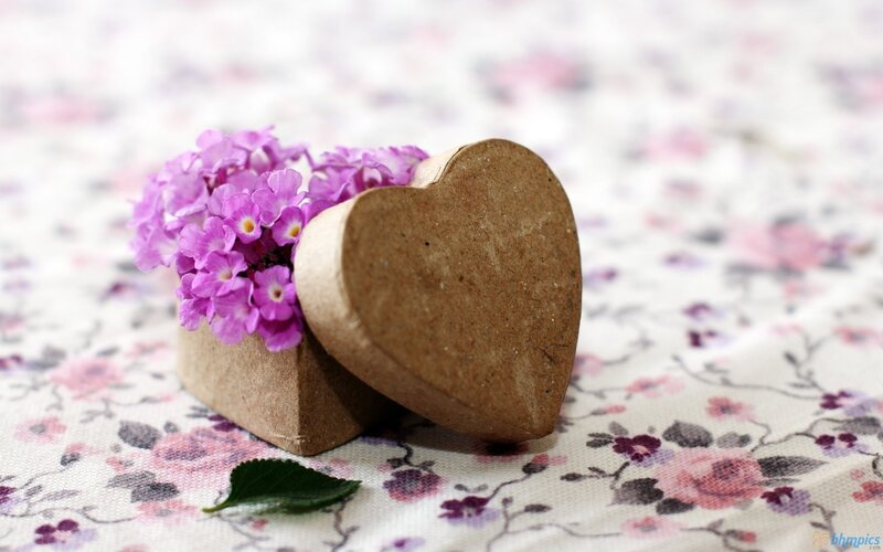 heart-shaped box with purple flowers