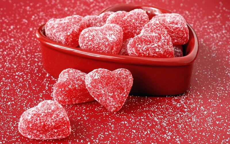 heart-shaped candies in a bowl