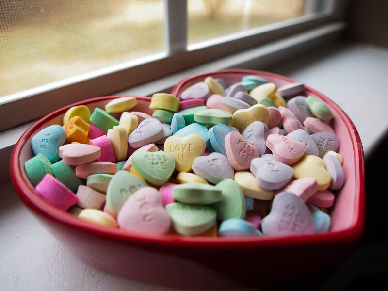 heart-shaped candies in a bowl