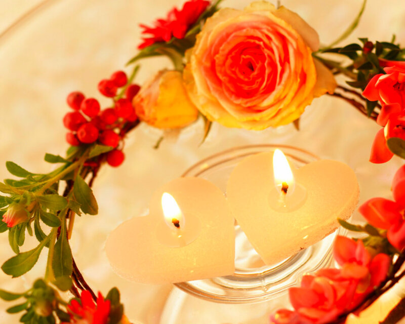 Heart-shaped Candles — Red, Romantic, Photograph, Flowers
