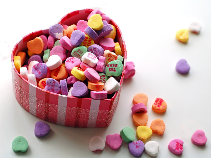 Heart-shaped Candy Box — Red, Festive, Photograph, Candies, Table, White