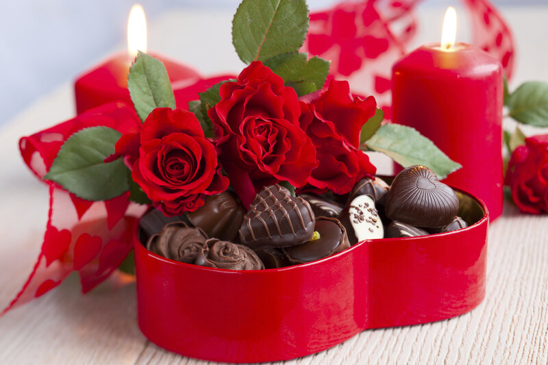 Heart-shaped Chocolate Box — Red, Romantic, Photograph, Red Roses, Candles