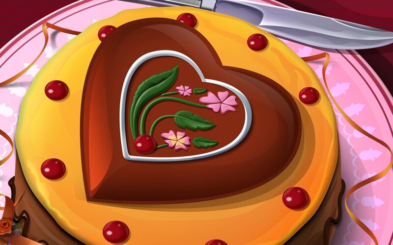 Heart-shaped Chocolate Cake — Brown, Festive, Digital Art, Cherries