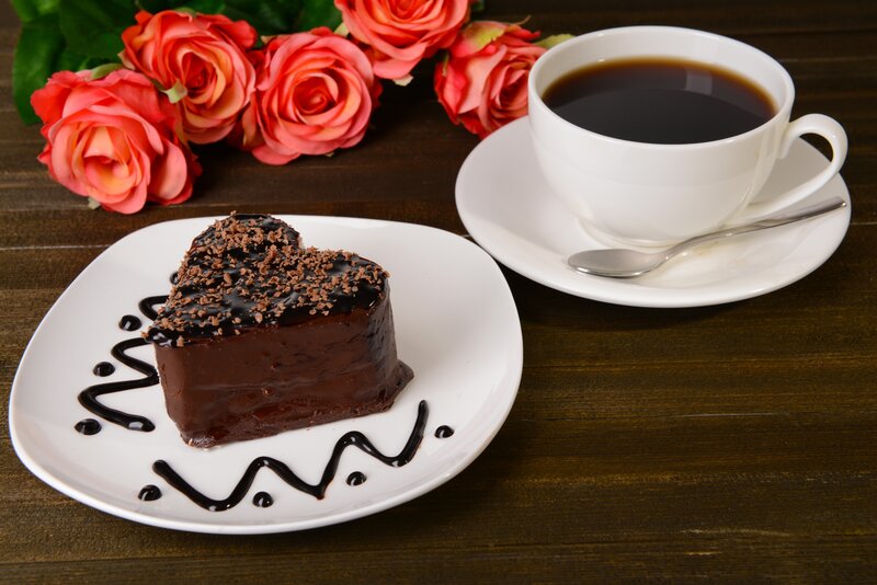 Heart-shaped Chocolate Cake — Brown, Romantic, Photograph, Coffee Cup