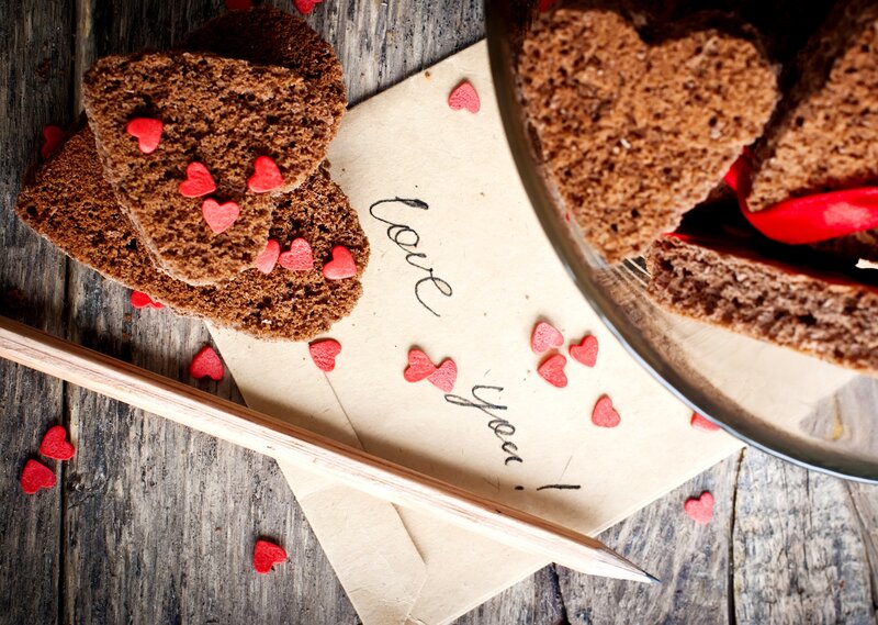 Heart-shaped Chocolate Cake — Brown, Romantic, Photograph, Red Heart Sprinkles