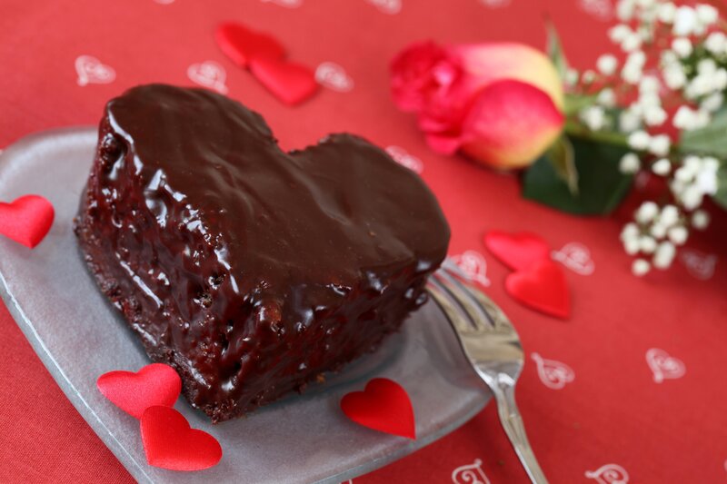 Heart-shaped Chocolate Cake — Red, Romantic, Photograph, Rose, Fork