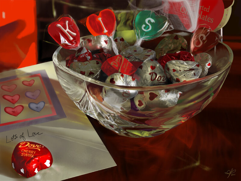Heart-shaped Chocolates — Red, Romantic, Digital Art, Bowl