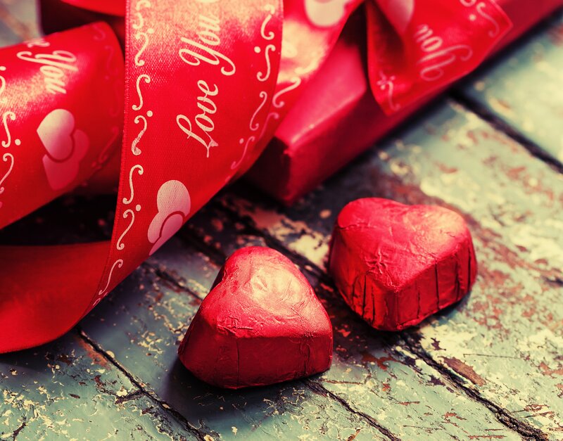 Heart-shaped Chocolates — Red, Romantic, Photograph, Ribbon