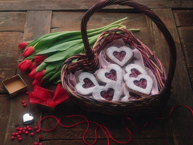 Heart-shaped Cookies in Basket — Brown, Romantic, Photograph