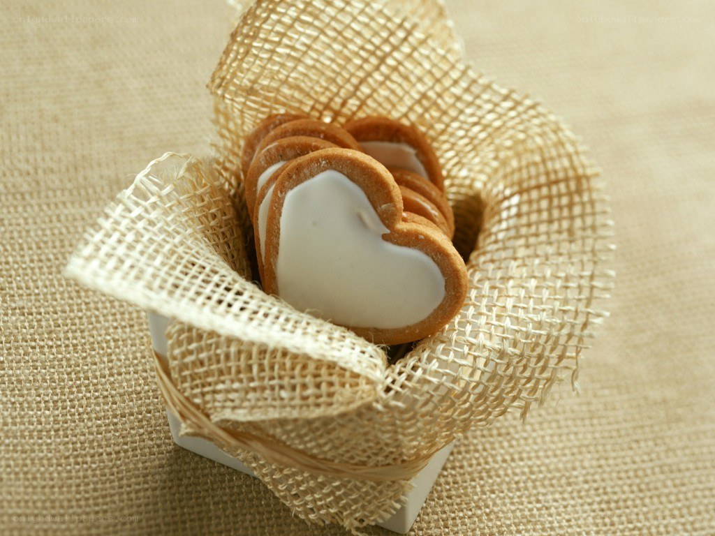 heart-shaped cookies in burlap