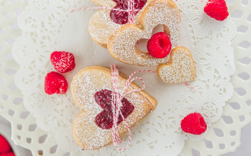 Heart-shaped Cookies with Raspberries