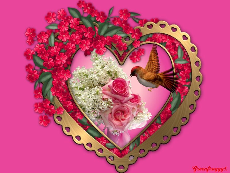 Heart-shaped Floral Arrangement — Pink, Romantic, Digital Art, Bird