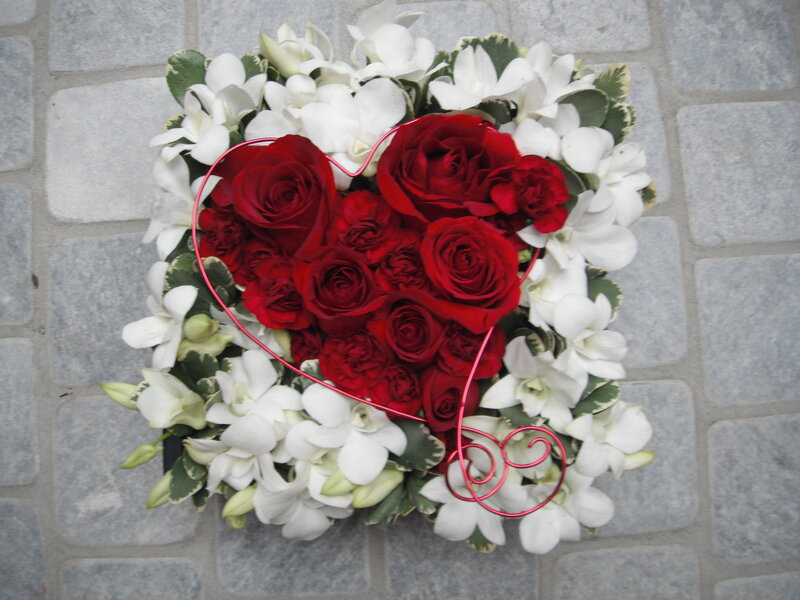 Heart-shaped Flower Arrangement — Red, Romantic, Photograph, Roses, Orchids