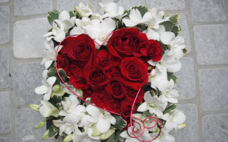 Heart-shaped Flower Arrangement — Red, Romantic, Photograph, Roses, Orchids, Wire Frame