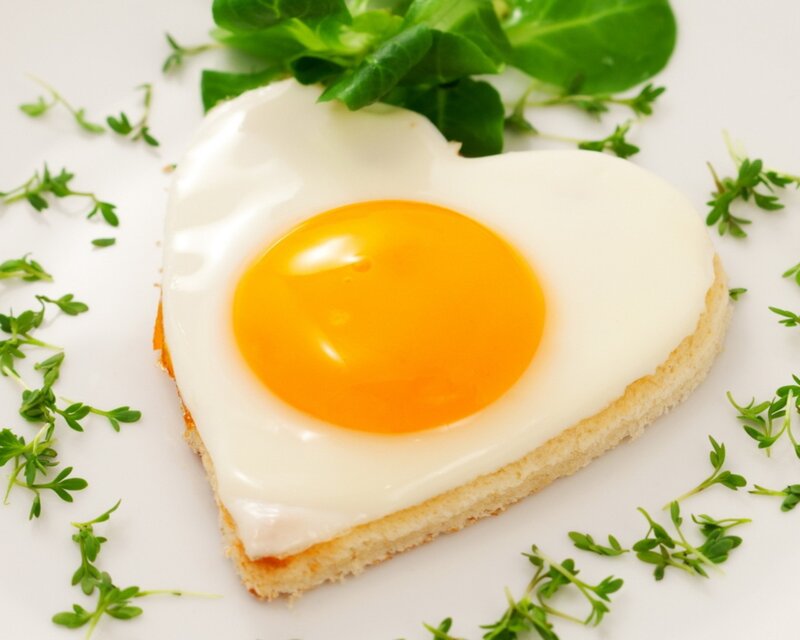 Heart-shaped Fried Egg — White, Calm, Morning, Photograph, Toast, Greens, Microgreens