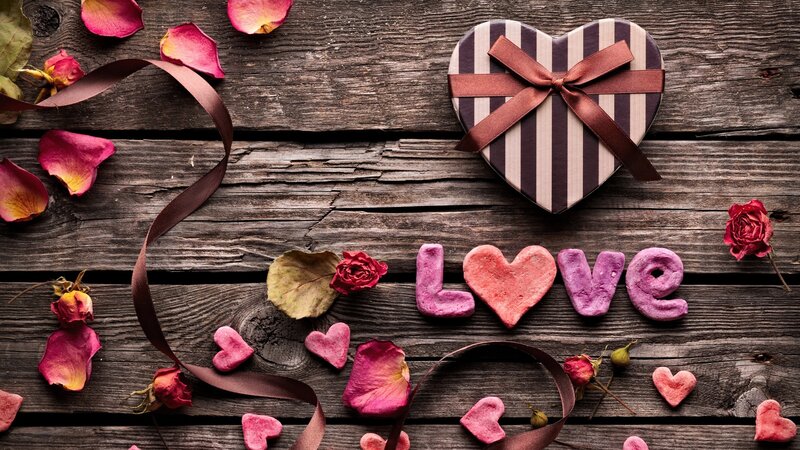 Heart-shaped Gift Box — Brown, Romantic, Photograph, Rose Petals, Ribbon