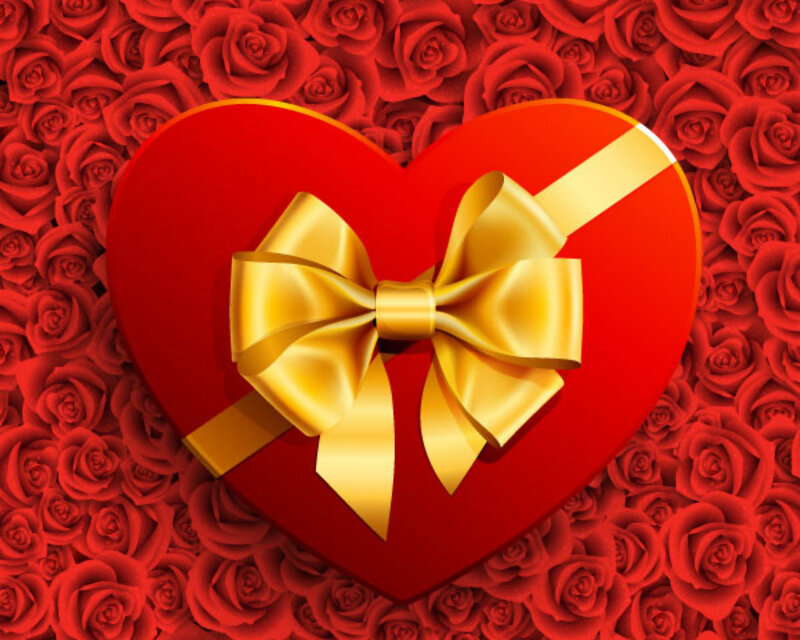 Heart-shaped Gift Box — Red, Romantic, Digital Art, Gold Bow