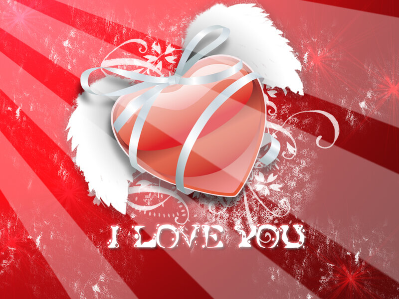 Heart-shaped Gift Box — Red, Romantic, Digital Art, Ribbon, Feathers