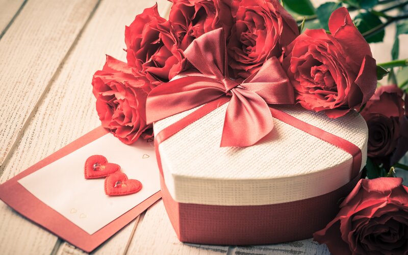 Heart-shaped Gift Box — Red, Romantic, Photograph, Roses, Card, Ribbon