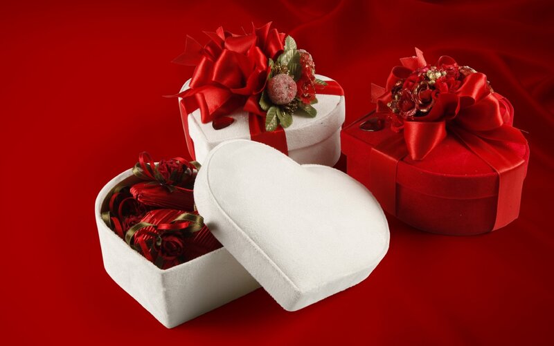 Heart-shaped Gift Boxes — Red, Festive, Photograph, Ribbons, Flowers, Red Fabric