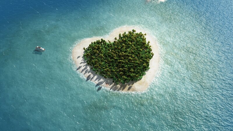 Heart-shaped Island — Blue, Serene, Afternoon, 3d Render, Boat, Palm Trees, Ocean, Green, White