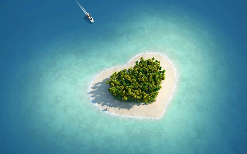 Heart-shaped Island — Blue, Serene, Afternoon, 3d Render, Boat, Palm Trees, Ocean