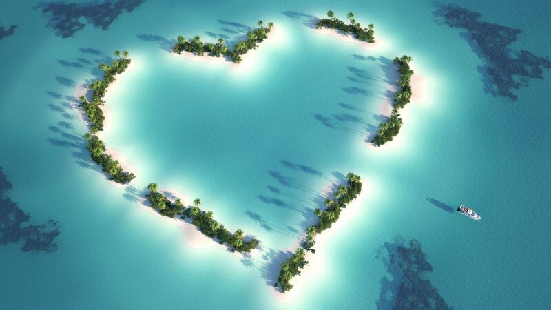 Heart-shaped Island — Blue, Serene, Afternoon, 3d Render, Palm Trees, Boat, Ocean, Green, White